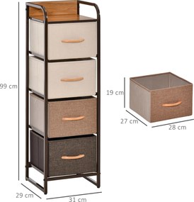HOMCOM Comodă pentru Dormitor cu 4 Sertare Pliabile, Blat Superior din Lemn și Cadru Metalic 31x29x99 cm Multicolor | Aosom Romania