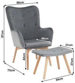 Fotoliu cu taburet, material de catifea gri/fag, LAGER NEW