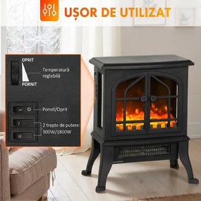 HOMCOM Șemineu Electric de Podea, Flacără 3D, Termostat 10-35°C, Plastic, Sticlă, 39x24x48 cm, Negru | Aosom Romania