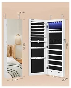Dulap de bijuterii cu oglinda, Songmics, JJC99WT, Alb, 9,3 x 37 x 107 cm