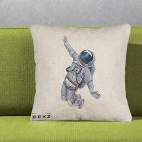 Perna Decorativa Astronaut Acuarela Zbor, 40x40 cm, Bej Canapea, Husa Detasabila, Perna Inclusa, BEKZ®