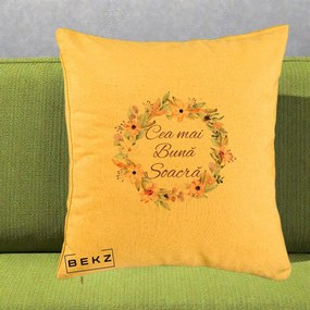 Cadou pentru Soacra - Perna Personalizata Cea mai Buna Soacra cu Coronita Flori Boho Pastel, 40x40 cm, Galben, Husa Detasabila, Perna Inclusa, BEKZ®