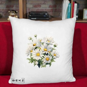 Perna Decorativa Buchet Margarete Albe Acuarela, 40x40 cm, Alb Pufos, Husa Detasabila, Perna Inclusa, BEKZ®