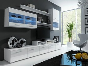 Mobilă pentru sufragerie Charlotte 105 Alb, Alb lucios, Cu comodă tv, Părți separate, MDF, PAL laminat, Sticlă, 250x42cm, 94 kg