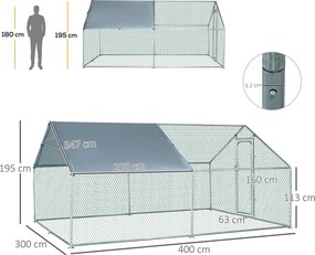 PawHut Coteț Găini Metal Galvanizat Copertină UV Spațiu Amprent 300x400x195cm Argintiu | Aosom Romania