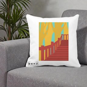 Perna Decorativa Scari Toamna Peisaj Grafic, 40x40 cm, Alba Mata, Husa Detasabila, Perna Inclusa, BEKZ®