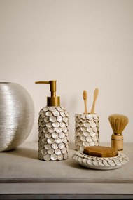 Set de Baie Lux Lindy, Crem, Dozator de sapun, Perie, Suport de periuta de dinti, Sapuniera, Coș de Gunoi