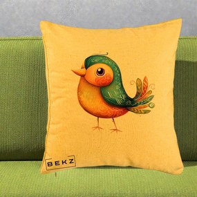 Perna Decorativa Pasare Folk Art Portocalie-Teal, 40x40 cm, Galben, Husa Detasabila, Perna Inclusa, BEKZ®