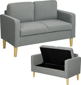 HOMCOM Canapea 2 locuri cu spațiu de depozitare și picioare solide din lemn, pentru living, dormitor, 117 x 63 x 79 cm, Gri deschis | Aosom Romania