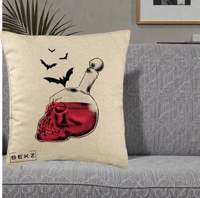 Perna Decorativa Halloween Craniu-Sticla cu Lilieci, 40x40 cm, Bej, Husa Detasabila, Perna Inclusa, BEKZ®