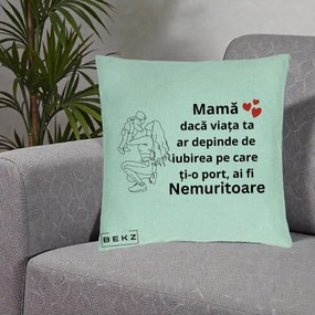 Cadou pentru Mama - Perna Personalizata Mama Nemuritoare Portret Graphic, 40x40 cm, Verde Menta, Husa Detasabila, Perna Inclusa, BEKZ®
