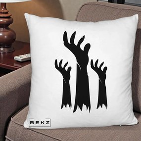 Perna Decorativa Halloween Maini Zombie Alb-Negru, 40x40 cm, Alb Pufos, Husa Detasabila, Perna Inclusa, BEKZ®