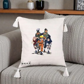 Perna Personalizata Naruto Echipa 7 Kakashi Sensei, 40x40 cm, Bej cu Franjuri, Husa Detasabila, Perna Inclusa, BEKZ®
