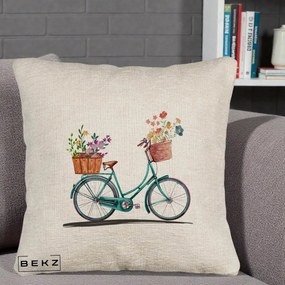 Perna Decorativa Bicicleta Florala Turcoaz Acuarela, 40x40 cm, Bej Canapea, Husa Detasabila, Perna Inclusa, BEKZ®