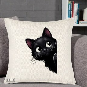 Perna Decorativa Pisica Neagra Dragalasa Curioasa, 40x40 cm, Crem Reliefat, Husa Detasabila, Perna Inclusa, BEKZ®