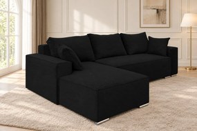 Colțar extensibil Livia Mini din catifea reiată, negru, colț pe stânga, cu ladă de depozitare