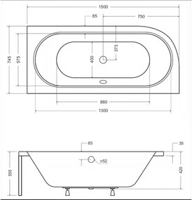 Cada baie asimetrica alba, acril, 150 x 75 cm, orientare stanga, Besco Avita 1500x750 mm, Stanga