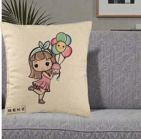 Perna Decorativa Fetita Kawaii cu Baloane si Cupcake, 40x40 cm, Bej, Husa Detasabila, Perna Inclusa, BEKZ®