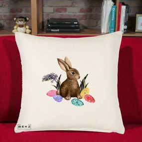 Perna Decorativa Iepuras cu Oua de Pasti Acuarela, 40x40 cm, Crem Reliefat, Husa Detasabila, Perna Inclusa, BEKZ®