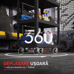 HOMCOM Cărucior pentru Scule cu 3 Rafturi cu Margini Înalte, 70,5x35x82,5 cm, Negru | Aosom Romania