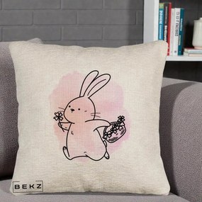 Perna Decorativa Iepuras Kawaii cu Cosulet Floral, 40x40 cm, Bej Canapea, Husa Detasabila, Perna Inclusa, BEKZ®