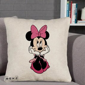 Perna Personalizata Minnie Mouse cu Fundita, 40x40 cm, Bej Canapea, Husa Detasabila, Perna Inclusa, BEKZ®