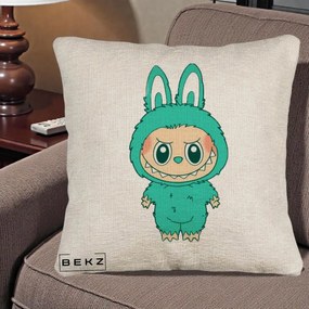 Perna Personalizata Labubu Turcoaz, 40x40 cm, Bej Canapea, Husa Detasabila, Perna Inclusa, BEKZ®