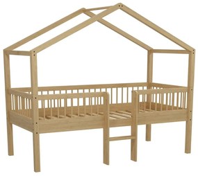 Pat Casă Înălțat Forrest Oak 90x200 cm, pentru Camera Copii, din Lemn de Stejar, Natur, cu Scară și Set Textil – Vipack