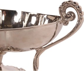 Bol de servire oval din alamă lucrată manual, argintiu, pe picior, cu două mânere, fructieră și centru de masă, 15 x 34 x 16 cm, „Sheffield”