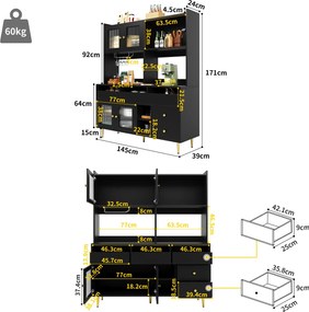 Dulap înalt pentru sufragerie, cu uși cu geam perforat, decor auriu și spațiu mare de depozitare pe mai multe niveluri, 145x39x171 cm, Negru
