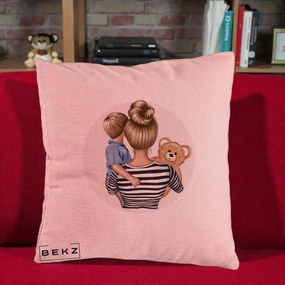 Cadou pentru Mama - Perna Personalizata Mama si Baietelul cu Ursulet, 40x40 cm, Roz, Husa Detasabila, Perna Inclusa, BEKZ®