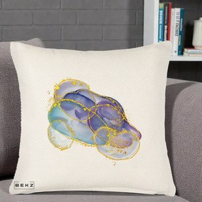 Perna Decorativa Abstract Acuarela Albastru-Mov cu Cercuri Aurii, 40x40 cm, Crem Reliefat, Husa Detasabila, Perna Inclusa, BEKZ®