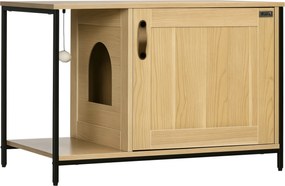 PawHut Casă Toaletă pentru Pisici, cu ușă de intrare laterală și minge suspendată, Oțel Negru și Lemn, 80 x 48 x 55 cm | Aosom Romania