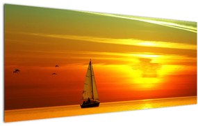 Tablou cu apus de soare și iaht (120x50 cm)