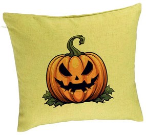 Perna Decorativa cu motiv Dovleac de Halloween 1, 40x40 cm, Verde, Husa Detasabila, Burduf