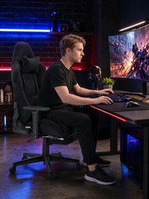 Scaun Gaming cu Masaj 7 Puncte și Încălzire, Telecomanda, Cotiere 3D, Reclinare 180°, Suport Picioare, Catifea, Negru