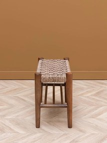 Banchetă vintage din iută naturală împletită și lână, cu structură din lemn masiv, 70×45×30 cm, „Sage"