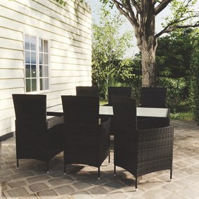 Set mobilier de exterior cu perne, 7 piese, negru, poliratan Alb si negru, Lungime masa 190 cm, 7