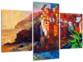 Tablou - Satul de coastă Cinque Terre, Riviera italiană, impresionismul modern (90x60 cm)