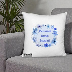 Cadou pentru Bunica - Perna Personalizata Cea Mai Buna Bunica Coronita Flori Albastre Acuarela, 40x40 cm, Alb Pufos, Husa Detasabila, Perna Inclusa, BEKZ®