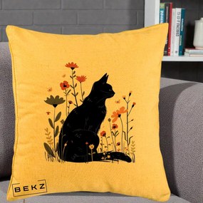 Perna Decorativa Pisica Neagra Profil Flori Portocalii, 40x40 cm, Galben, Husa Detasabila, Perna Inclusa, BEKZ®