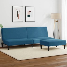 Canapea extensibila cu 2 locuri si taburet, albastru, catifea