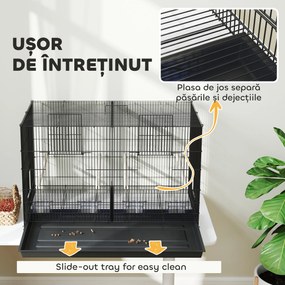 PawHut Colivie pentru Păsări cu Separator, Raft Inferior, 4 Stinghii și 4 Hrănitoare, 94x57x57 cm, Negru | Aosom Romania