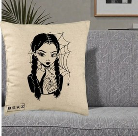 Perna Personalizata Wednesday cu Panza de Paianjen, 40x40 cm, Bej, Husa Detasabila, Perna Inclusa, BEKZ®