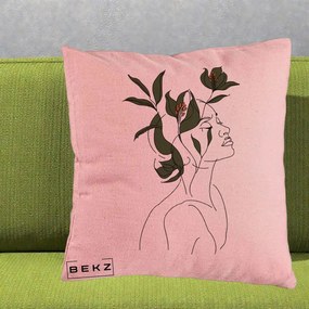 Perna Decorativa Portret Feminin Crin Verde, 40x40 cm, Roz, Husa Detasabila, Perna Inclusa, BEKZ®
