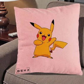 Perna Personalizata Pikachu Fericit, 40x40 cm, Roz, Husa Detasabila, Perna Inclusa, BEKZ®