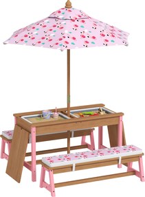 AIYAPLAY Masă de picnic pentru copii cu bănci, perne, umbrelă pliabilă, cutii de depozitare detașabile, model flamingo, roz | Aosom Romania