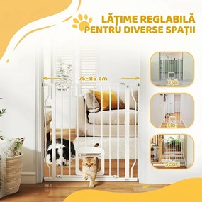 PawHut Poartă pentru Câini și Pisici Extensibilă cu Ușă Integrată, Poartă din Oțel și ABS, 75-85x2x76 cm, Alb | Aosom Romania