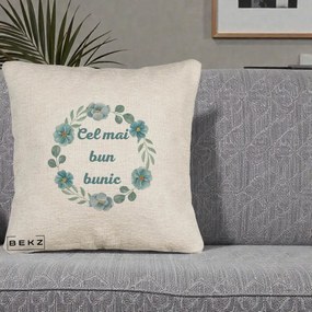 Cadou pentru Bunic - Perna Personalizata Cel Mai Bun Bunic Coronita Flori Albastre Teal, 40x40 cm, Bej Canapea, Husa Detasabila, Perna Inclusa, BEKZ®