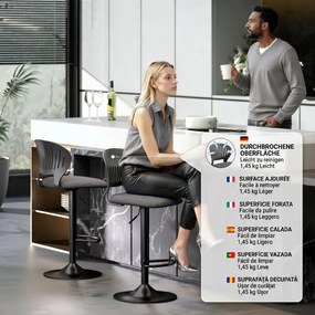 Set HOMCOM de 2 Scaune de Bar Reglabile, Scaune de Bucătărie Înalte din Țesătură Tip In cu Spătar, Suport pentru Picioare și Scaun Moale, Structură din Metal, Scaune de Bar Rotative la 360°, Negru | Aosom Romania